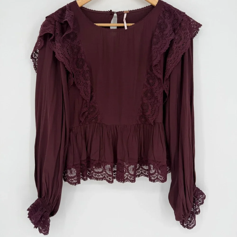 Free People Top Lace Whimsigoth Ruffle Peplum Wine Romantic Oversized Feminine
